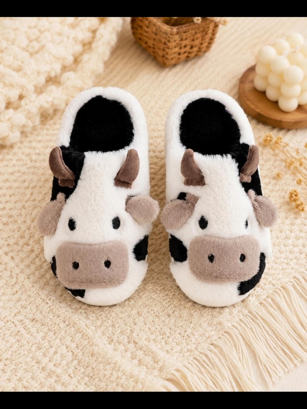 Plush Cow Slip-On Footies – White & Black